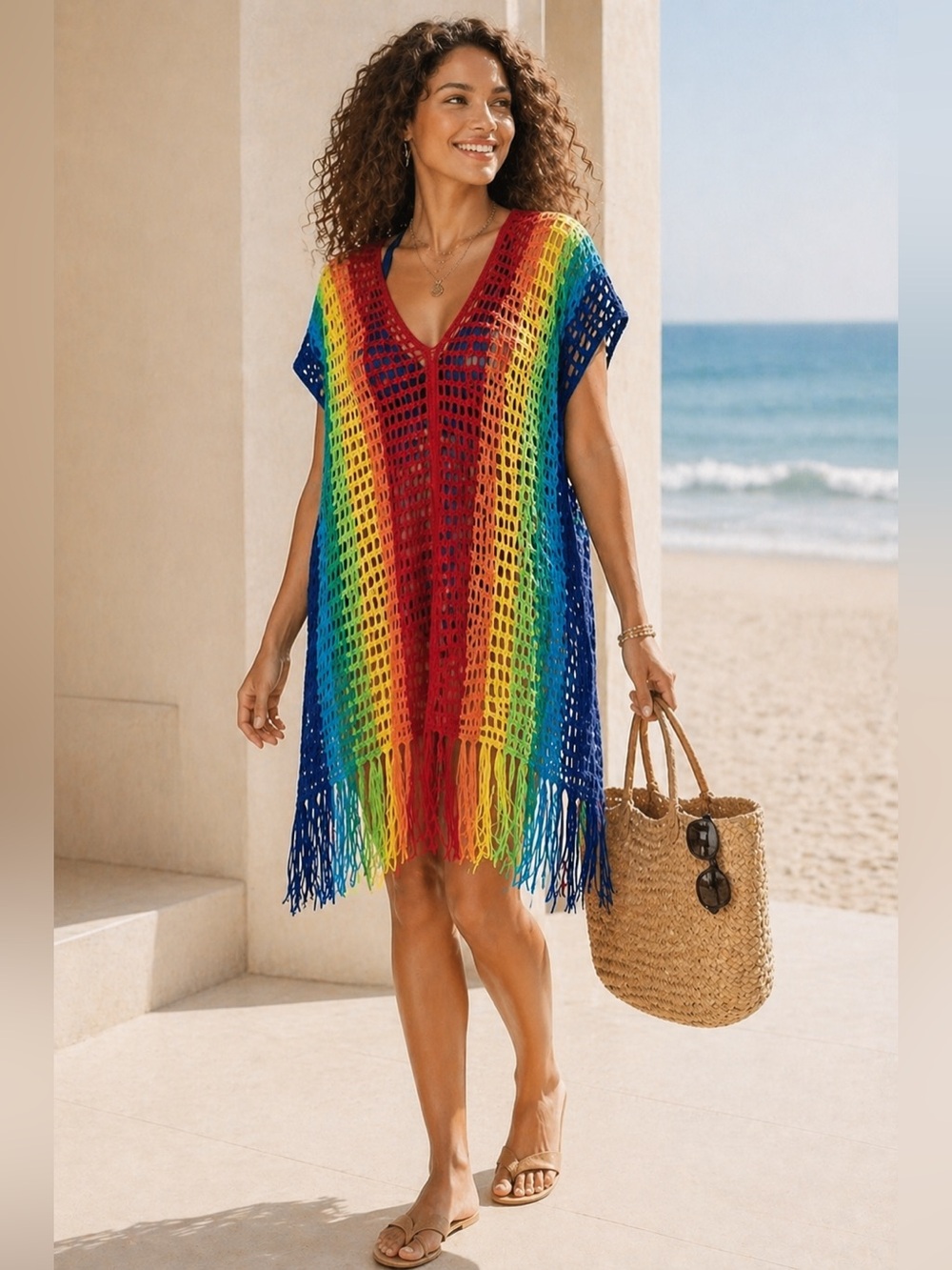 Rainbow Crochet Beach Cover-Up Tunic Pride Boho Festival Hippie S M L Resort